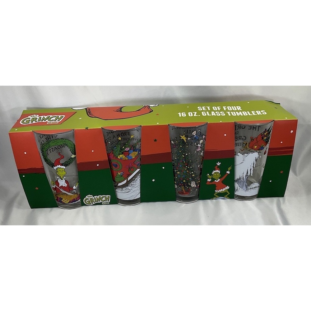 Dr. Seuss The Grinch Set Of Four 16 Oz Tumblers 16oz Holiday Christmas Glasses